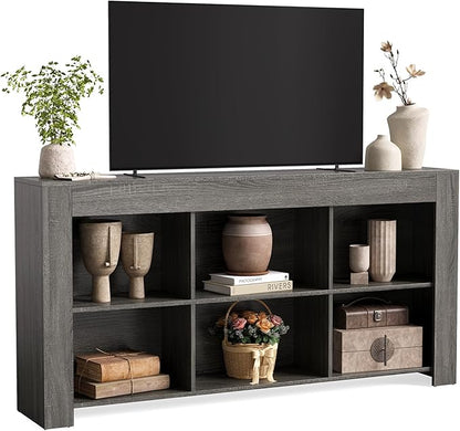 LITTLE TREE TV Stand with Storage, 63-Inch Entertainment Center with Shelves, Modern Media Console for Television up to 65" for Living Room, Bedroom, Grey + Black
