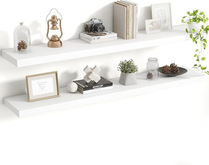 Acovy 48 Inch Floating Shelves, 8 Inch Deep Floating Shelves for Wall, Hanging Shelf with Invisible Brackets, Deep Shelves for Bathroom, Bedroom, Living Room, White, Set of 2