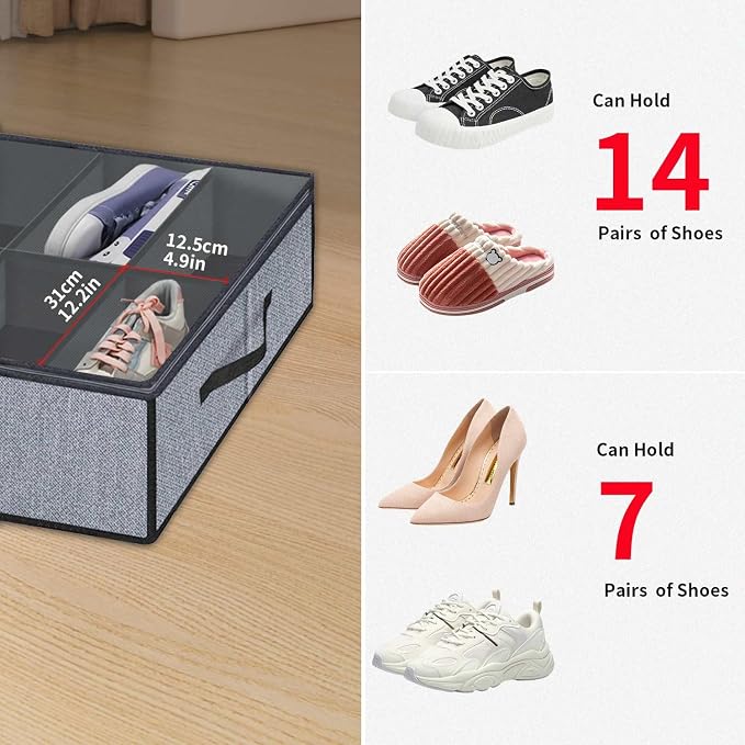Onlyeasy Under Bed Shoe Storage Organizers for Kids and Adults Fit 14 Pairs of Shoes & 4 Pairs of Boots, Sturdy Underbed Organizer with 2 Strong Zippers and 4 Handles, Linen-like Grey, MXDUBS14S4