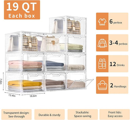 Freebat 10 Pack Closet Organizers and Storage,Clear Stackable Plastic Storage Bins with Lids Magnetic Doors,Clothes Organizers and Storage,Plastic Craft Containers for Wardrobe Kitchen Bathroom Office
