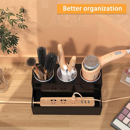 Hair Tool Organizer, Black Acrylic Hair Dryer Holder with Insulated Cup, Bathroom Supplies Countertop Blow Dryer Holder, Vanity Caddy Storage Stand for Accessories, Makeup, Toiletries