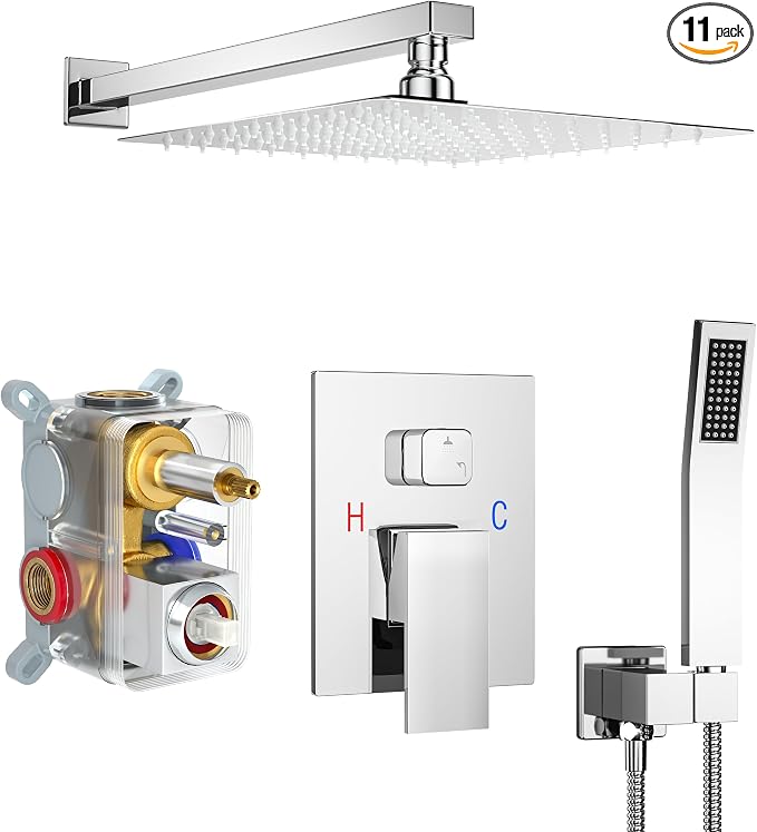 Polished Chrome Shower System with 10-Inch Rain Showerhead and Handheld | Innovative air-injection technology for low pressure, high-flow rate up to 3.22 GPM ensuring powerful consistent stream