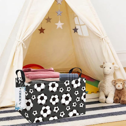 Rectangular Soccer Ball Pattern Storage Bin, Decorative Canvas Laundry Basket with Dual Handles, Foldable Household Toy Organizer, Multipurpose Party Gift Basket for Bedroom Dorm (Soccer)