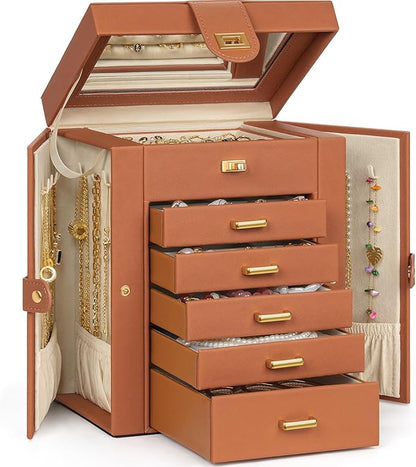 AKOZLIN Jewelry Box Organizer Functional Leather Jewelry Storage Case for Women Girls Ring Necklace Earring Bracelet Holder Organizer with Mirror
