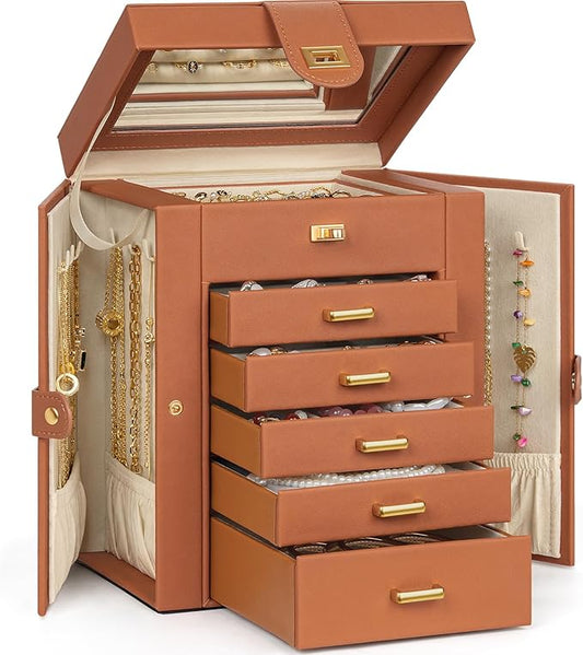 AKOZLIN 6-Tier Jewelry Box Organizer Functional 5 Drawers Leather Jewelry Storage Case for Women Girls Ring Necklace Earring Bracelet Holder Organizer with Mirror Orange Regular