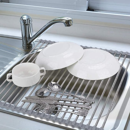Hhyn Roll Up Dish Drying Rack Over The Sink 17.7"(L) x 15.6"(W), Multipurpose Foldable Stainless Steel Kitchen Rollable Drainer Rack, Gray