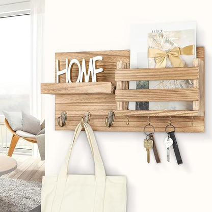 Lwenki Mail Organizer for Wall Mount – Key Holder with Shelf Includes Letter Holder and Hooks for Coats, Dog Leashes – Rustic Wood with Flush Mounting Hardware (16.5” x 8.7” x 3.5”) (Wood)