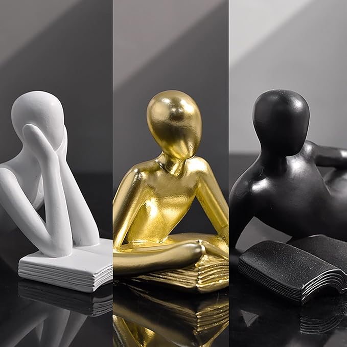 LINZHEN Style-A White Thinker Reads Book Decoration Reader Bookend for Home Aesthetic, Study, and Wine Cabinet – Stylish Shelf Decor Accent and Thoughtful Gift for Living Room, Bar, or Coffee Shop