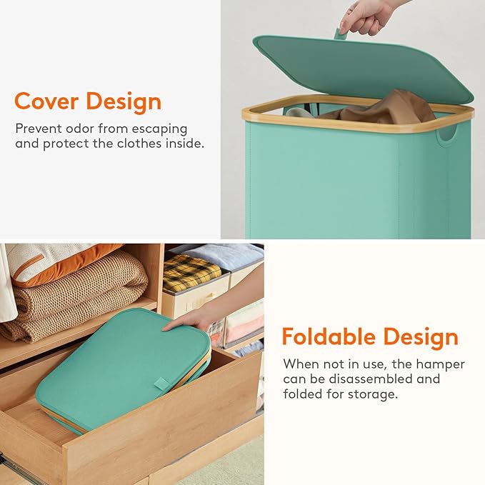 Lifewit 100L Laundry Basket with Lid, Clothes Hampers for Laundry with Bamboo Handles and 1 Removable Bag, Large Foldable Laundry Hamper for Bedroom, Bathroom, Dorm, Laundry Room, Sage Green