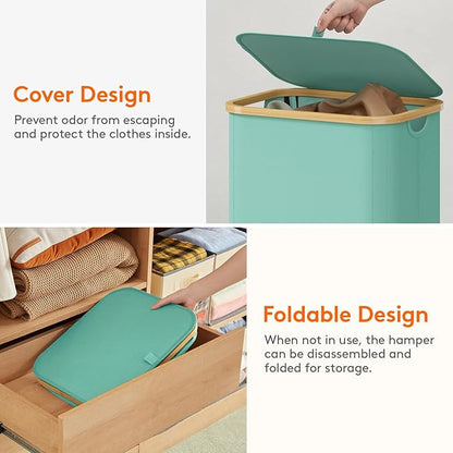 Lifewit 100L Laundry Basket with Lid, Clothes Hampers for Laundry with Bamboo Handles and 1 Removable Bag, Large Foldable Laundry Hamper for Bedroom, Bathroom, Dorm, Laundry Room, Sage Green