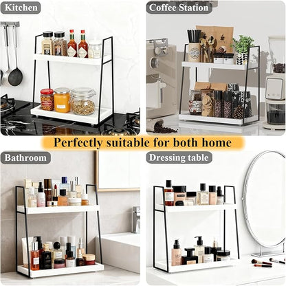 Countertop Coffee Station Organizer, 2 Tier Large Coffee Bar Organizer for Accessories Storage, Stable Metal Wooden Shelf Syrups Holder Condiments Rack