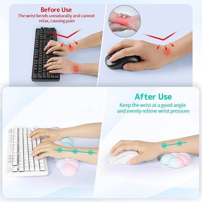 Sushret Cloud Wrist Rest Keyboard, Cloud Keyboard Wrist Pad Set with PU Leather Memory Foam, Cute Arm Rest for Palm Support, PC/Gaming Desk Accessories/Office Setup/Computer Hand Cushion - Rainbow