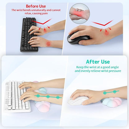 Sushret Cloud Wrist Rest Keyboard, Cloud Keyboard Wrist Pad Set with PU Leather Memory Foam, Cute Arm Rest for Palm Support, PC/Gaming Desk Accessories/Office Setup/Computer Hand Cushion - Rainbow