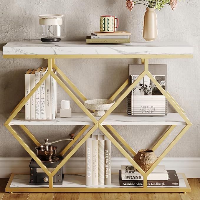 Garvee 3-Tier Entryway Table, Industrial Console Sofa Table with Storage, Accent Table with Open Shelves, Diamond-Shaped Gold Metal Frame, Foyer Table for Entryway, Hallway, Foyer, Living Room, White