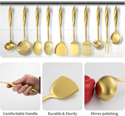 304 Stainlss Steel Kitchen Utensils Set, 10 Pcs Metal Cooking Utensil, Matte Kitchen Gadget Cookware and Kitchen Tool Set, Dishwasher Safe(Gold)