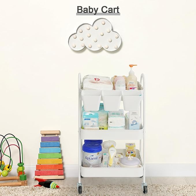 danpinera 3-Tier Rolling Cart, Utility Cart Mobile Metal Rolling Storage Cart with Lockable Wheels & Hanging Cups & Hooks for Kitchen, Bathroom, Office, Workshop, White