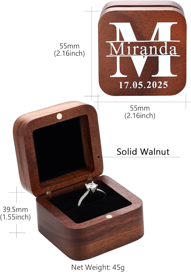 Custom4U Custom Initial Wooden Ring Box 2 Slots Vintage Square Wedding Holder for Proposal Custom Name Ring Bearer for Ceremony Jewelry Gift