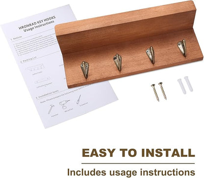 Rustic Key Holder for Wall, Farmhouse Wall Shelf with 4 Hooks, Wall Mounted Key Racks, Wooden Mail Organizer with Hooks for Entryway (Brown - Oak)