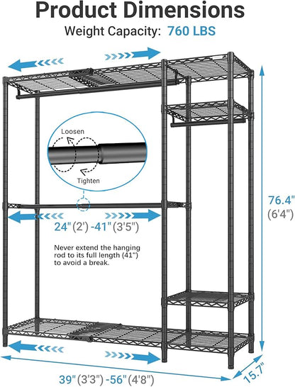 VIPEK X20 Expandable Metal Clothing Rack Adjustable from 3'3" to 4'8" Heavy Duty Garment Racks with Adjustable Shelves and Hanger Rods Portable Wardrobe Open Closet Rack System, Black