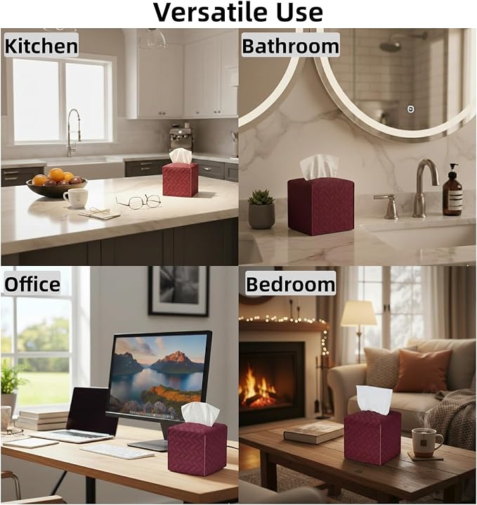 Tissue Box Cover 2-Pack, Square Tissue Holder with Bottom Belt, Modern Tissue Case Facial Paper Organizer Dispenser for Bathroom, Office, Home, Table, Car, Leaf Pattern Red