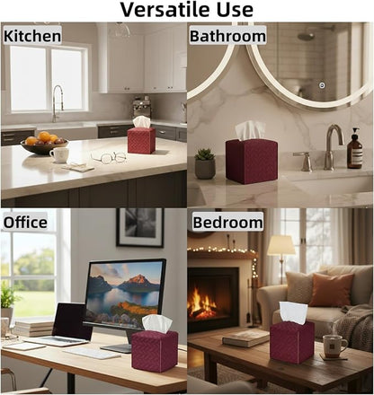 Tissue Box Cover 2-Pack, Square Tissue Holder with Bottom Belt, Modern Tissue Case Facial Paper Organizer Dispenser for Bathroom, Office, Home, Table, Car, Leaf Pattern Red