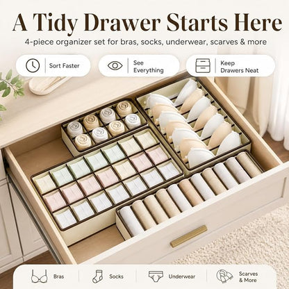 Drawer Organizer for Clothes Set, 4 Pack Foldable Dresser Closet Dividers (6/8/7/24-Cell), Non-Woven Underwear & Sock Drawer Organizer, Bra/Tie/Belt Storage Bins (Beige)