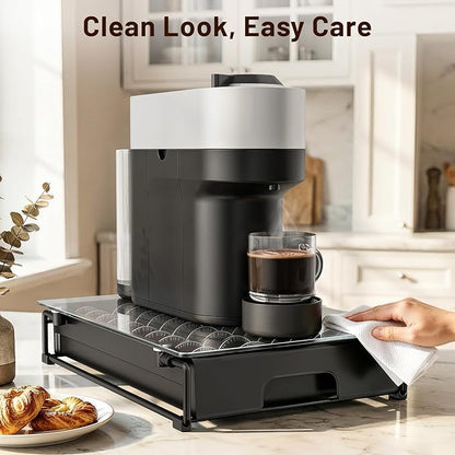 EVERIE Nespresso Vertuo Pod Holder Drawer, Coffee Pod Organizer with Universal Slots, Holds 40 Large or 52 Small Capsules, Tempered Glass Top Storage Drawer for Coffee Makers, 12" x 16.5" x 3.5"