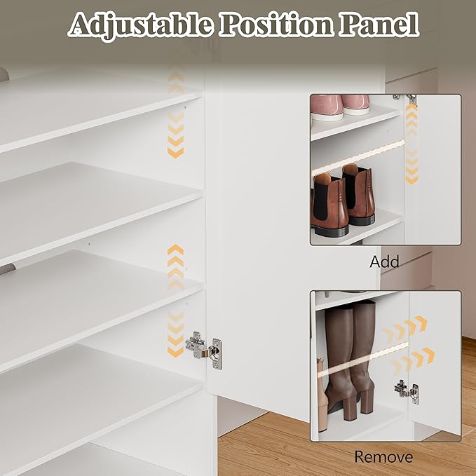 Shoe Cabinet Storage for Entryway with Doors, 5 Tier Fluted Shoe Organizer with Adjustable Shelves, Entryway Shoe Storage with Wooden Legs, Freestanding Hidden Shoe Rack for Front Door Entrance, White