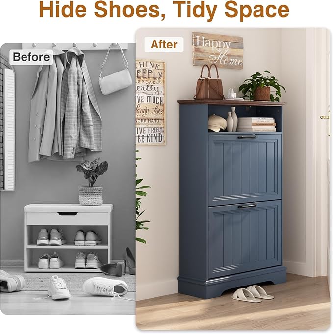 Shoe Storage Cabinet with 2 Flip Drawers, 24" W Farmhouse Modern Hidden Shoes Rack with Adjustable Shelves & Open Storage, Narrow Slim Shoe Organizer for Front Door Entrance, Entryway, Navy Blue