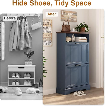 Shoe Storage Cabinet with 2 Flip Drawers, 24" W Farmhouse Modern Hidden Shoes Rack with Adjustable Shelves & Open Storage, Narrow Slim Shoe Organizer for Front Door Entrance, Entryway, Navy Blue