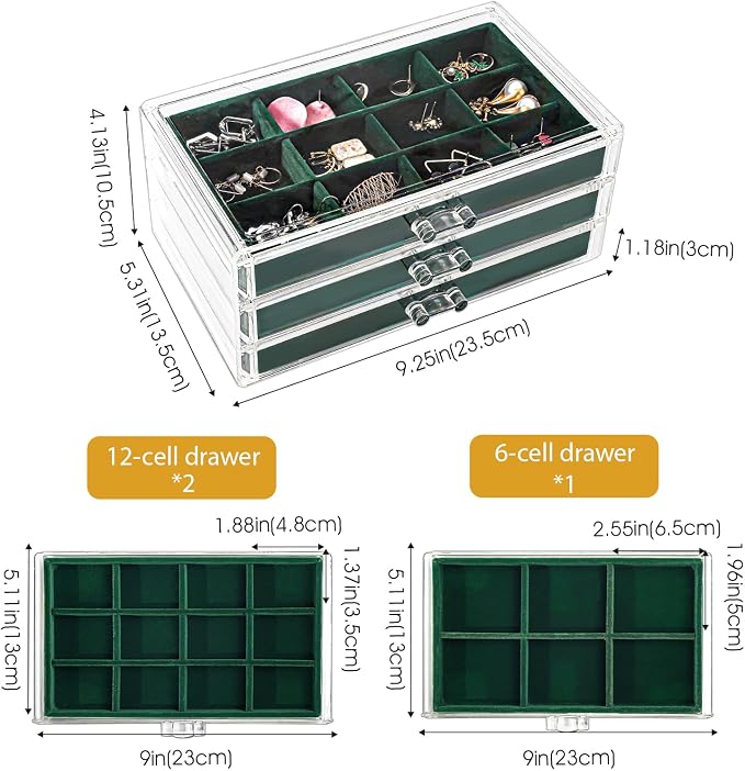 ProCase Earring Holder Organizer Jewelry Box with 3 Drawers, Acrylic Clear Earring Case with Adjustable Velvet Trays for Women - Emerald, 3 Layers