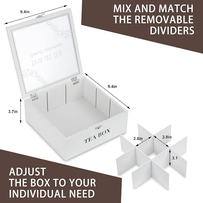 Tea Box Organizer,Wood Tea Bag Holder Organizer,Modern Teas Bag Storage with 9 Compartments and Glass Cover for Home Office Gift