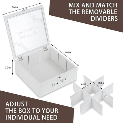 Tea Box Organizer,Wood Tea Bag Holder Organizer,Modern Teas Bag Storage with 9 Compartments and Glass Cover for Home Office Gift