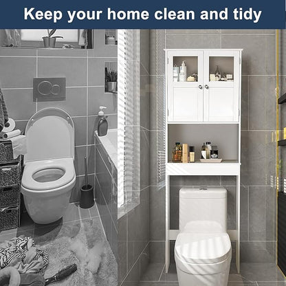 VINGLI Over The Toilet Storage Cabinet White Bathroom Storage Organizer Above The Toilet Shelf with Acrylic Glass Double Doors Wood Muebles para BañO Rack with Adjustable Shelf
