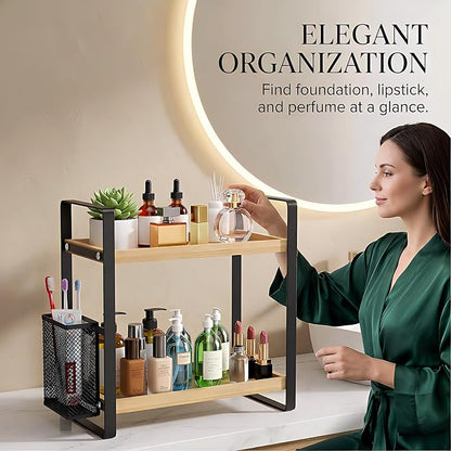 LEMIKKLE 2-Tier Wood Bathroom Counter Organizer with Basket,Waterproof Vanity Perfume Skincare Storage for Bathroom, Kitchen, Dresser
