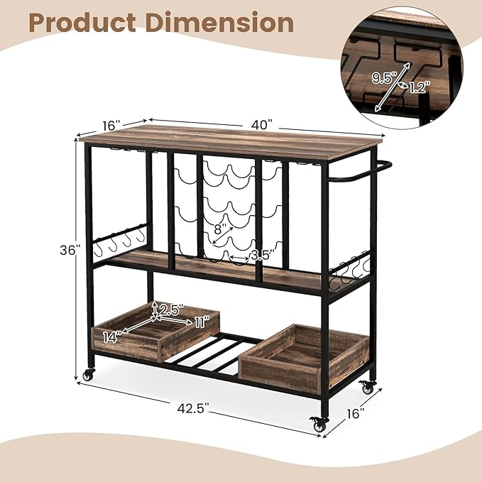 Giantex Bar Cart, 3 Tier Home Serving Cart on Wheels, Glass Racks, 12 Wine Holders, 8 Hooks & Storage Boxes, Industrial Rolling Beverage Cart for Coffee Bar, Kitchen, Dining Room