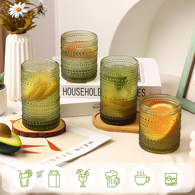 Moretoes Hobnail Drinking Glasses Set of 6, 12 Oz Highball Glasses & 10 Oz Cocktail Glasses, Clear Embossed Boho Glass Cups Kitchen Bar Tumbler Glassware Set for Whiskey, Beer, Juice, Milk (Green)