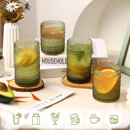 Moretoes Hobnail Drinking Glasses, 12 Piece Green Water Glass Cups, Mixed Vintage Glassware Set, 6pcs 12oz Highballs and 6pcs 10oz Old Fashioned Glasses, Great for Cocktail, Whisky and Other Beverages