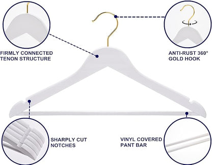 Amber Home 20 Pack Solid Wood Suit Coat Hangers, Smooth White Finish Wooden Dress Hangers with Non Slip Pant Bar, Clothes Hangers with Gold Hook & Notches for Jacket, Pant, Shirt (White+Gold, 20)