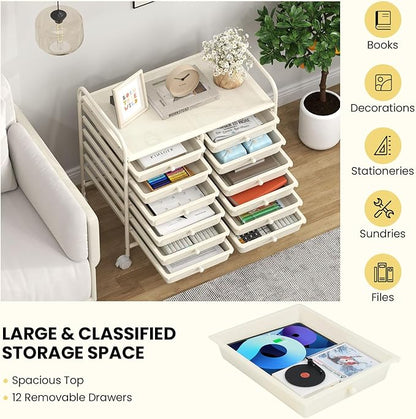 Giantex 12 Drawers Rolling Cart, Mobile Storage Drawer Cart, Classroom Organizer Cart for Office School Supplies Tools Scrapbook Paper Craft Small Printer, Utility Cart on Wheels, White