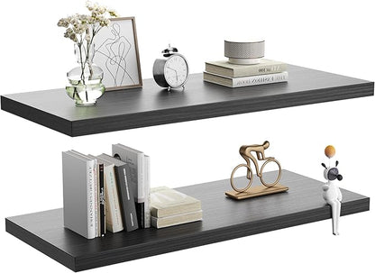 JPND Wall Shelf Set of 2,Dark Wood Floating Shelves 24 in W x 10 in D x 1 in H, Wooden Floating Wall Shelf with Invisible Brackets for Living Room/Bedroom/Bathroom/Kitchen Storage and Decor