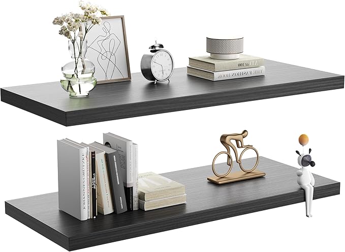 JPND Wall Shelf Set of 2,Dark Wood Floating Shelves 36 in W x 10 in D x 1 in H, Wooden Floating Wall Shelf with Invisible Brackets for Living Room/Bedroom/Bathroom/Kitchen Storage and Decor