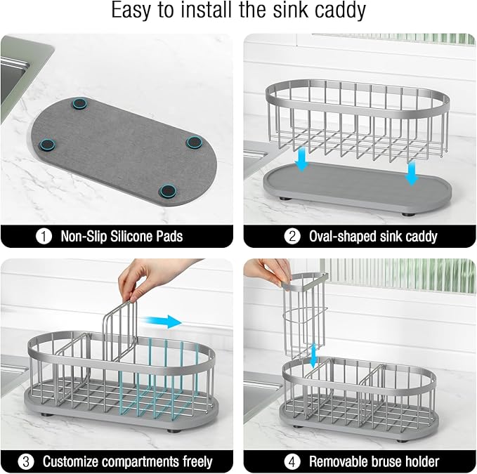 HOKEMOM Silver Sponge Holder for Kitchen Sink,Sink caddy organizer - 2.6mm Thick 304 Stainless Steel Caddy with Rust-Proof Coating, Non-Slip No-Drain Base. Dimensions: 9.84" x 4.72" x 5.83"