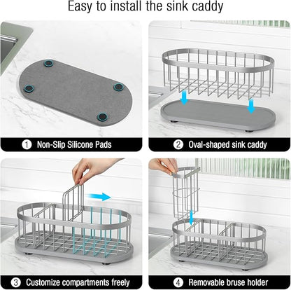 HOKEMOM Silver Sponge Holder for Kitchen Sink,Sink caddy organizer - 2.6mm Thick 304 Stainless Steel Caddy with Rust-Proof Coating, Non-Slip No-Drain Base. Dimensions: 9.84" x 4.72" x 5.83"