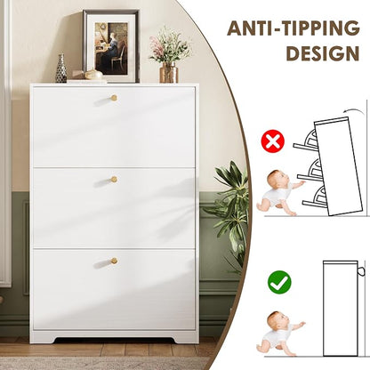 Nicetree Shoe Cabinet with 3 Flip Drawers, Narrow Shoe Organizer Cabinet, Freestanding Shoe Rack Cabinet, Modern Shoe Storage Cabinet for Entryway, Hallway, Foyer, White