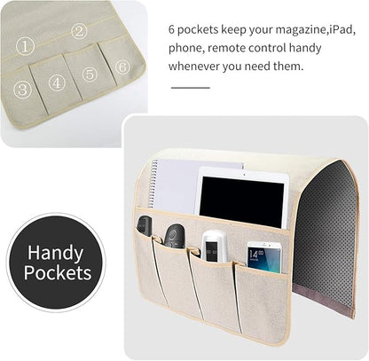 Sofa Armrest Organizer, Remote Control Holder for Recliner Couch, Arm Chair Caddy with 6 Pockets for Magazine, Tablet, Phone, iPad (Beige, W19'' x L33'')