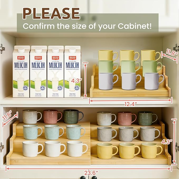 3-Tier Expandable Bamboo Mug Holder for Countertop Coffee Cup Holder Display Mug Organizer Mug Rack for Coffee Bar Organizer Mug Shelf for Cabinet for Kitchen, Home, No Assembly