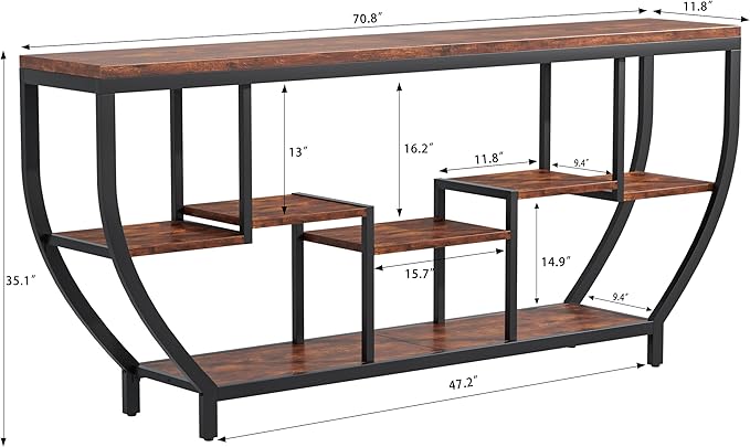 70.86" Extra Long Console Table Sofa Table & Storage Shelves Entryway Table Industrial TV Stand, Metal Frame Behind Couch Table for Foyer, Hallway, Entrance (Brown)