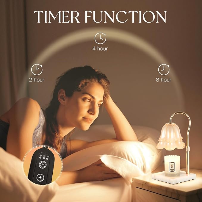 Candeldo Candle Warmer Lamp with Timer: Flower Candle Warming Lamp with Marble Base Height Adjustable Wax Warmer Dimmable Modern Kitchen Bathroom Decor Mom Birthday Gift for Grandma