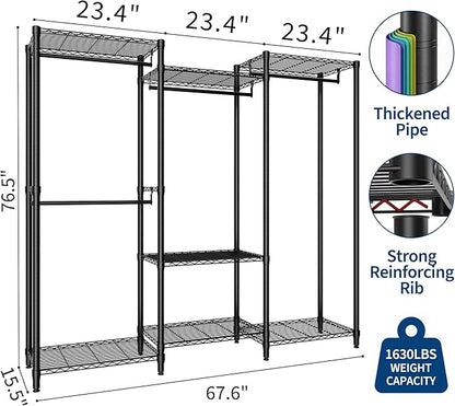 5-Tier Heavy Duty Clothes Rack, 1630LBS Load, Sturdy Metal Garment Rack with Wire Shelves, Multi-Functional Wardrobe Closet with Hanger Rods for Hanging Clothes, 15.5"D x 67.6"W x 76.5"H ﻿